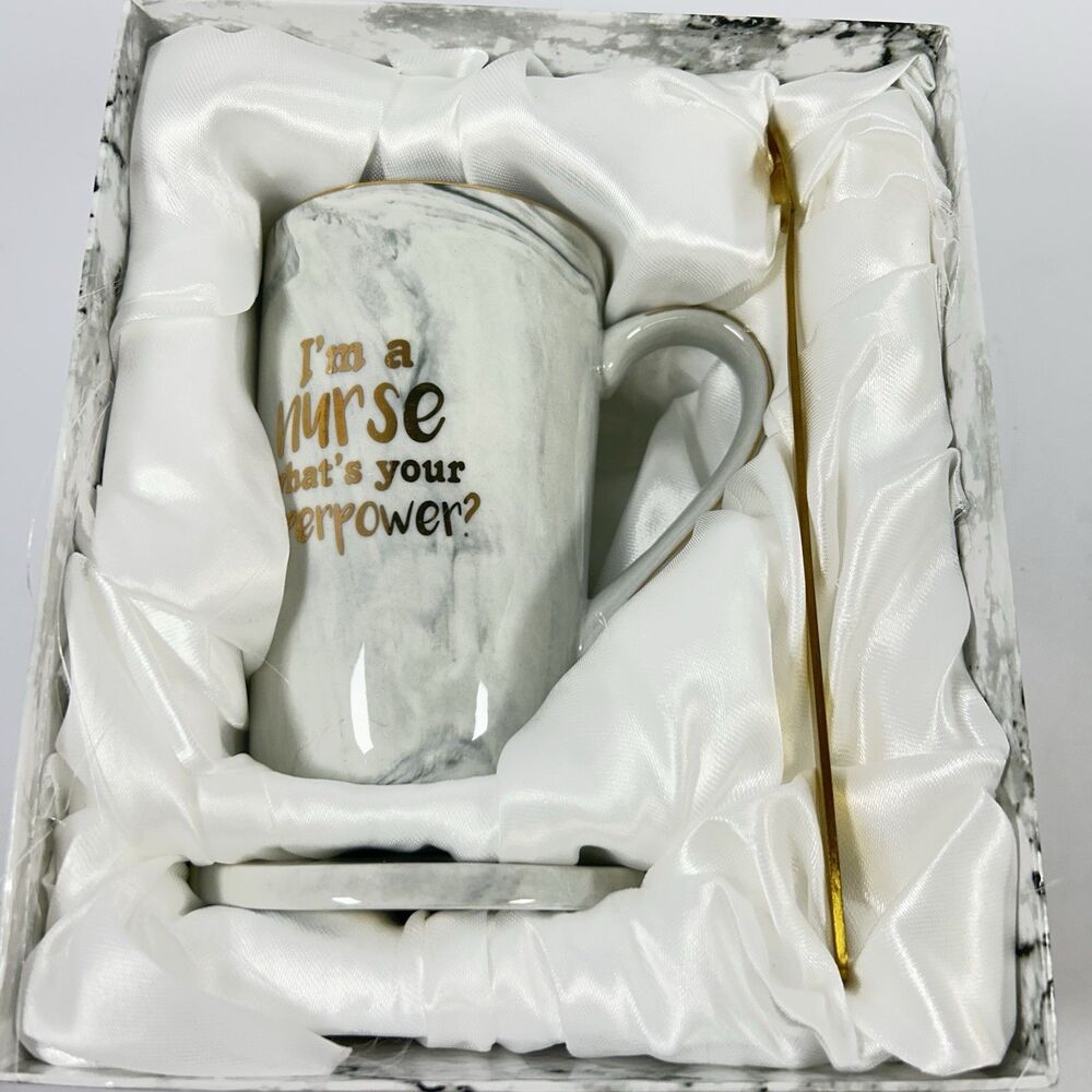 New Nurse Superpower Marble Coffee Mug Gift Set with Lid Spoon Coaster Box